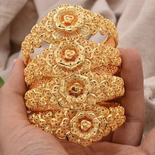 4Pcs/lot Gold Color Bangles For Women Dubai Bride Wedding Cuff Bracelet Africa Bangles Jewelry Gold Charm Bracelet party gifts