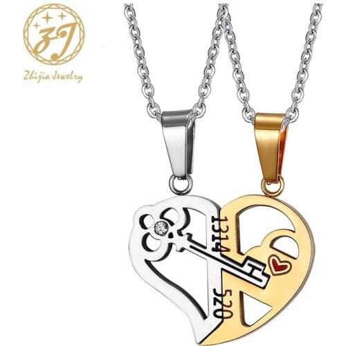 Zhijia Romantic Couples Heart Key Crystal Necklaces Love Forever Pendant Set Valentine Stainless Steel Chain Jewelries