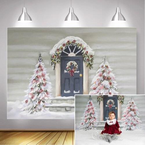 Photography Background Painting Texture Christmas Photocall Snow Christmas Trees Wreath Door Winter Birthday Photo Backdrops