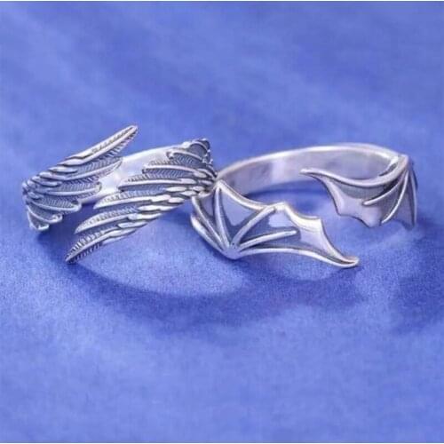 H58E Trendy Angel Demon Rings Unisex Simple Wing for Lover Couple Set Friendship Wedding Engagement Open Rings