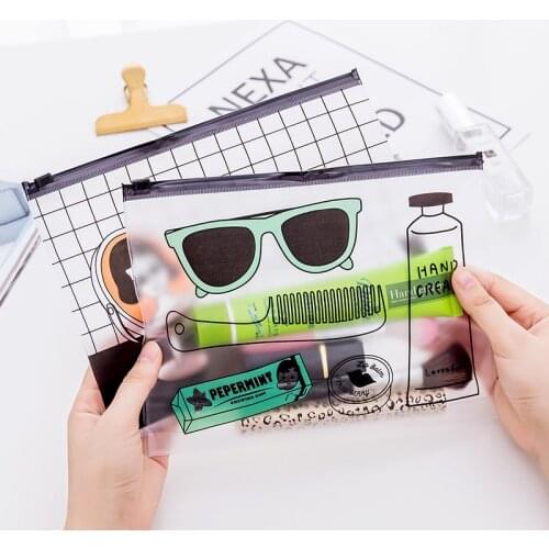 Korean Students Eyeglasses and Pencil Bag Lovely Makeup Pull-Side Bag Transparent Cartoon Stationery Receiving Bag