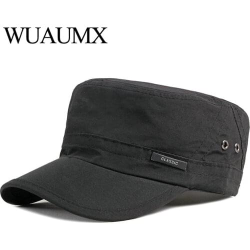 Wuaumx Summer Military Hats Breathable Flat Top Sun Hat For Men And Women Solid Black Outdoor Quick Drying Army Cap Wholesale