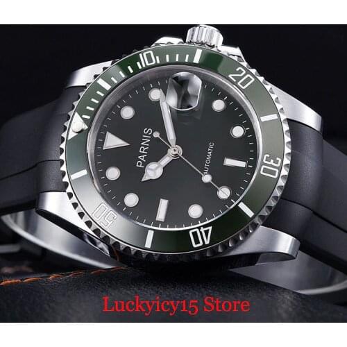 PARNIS Fashional Self Winding Mens Watch Auto Date Sapphire Glass 40mm Mechanical Wristwatch Rubber Strap