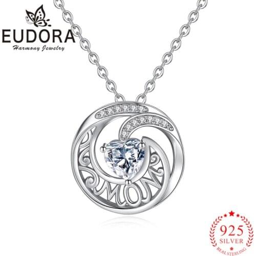 Eudora Genuine 925 Sterling Silver Round Zircon Pendant Necklaces for Women Girls Fashion Trendy Jewelry Gift Letter MOM D282