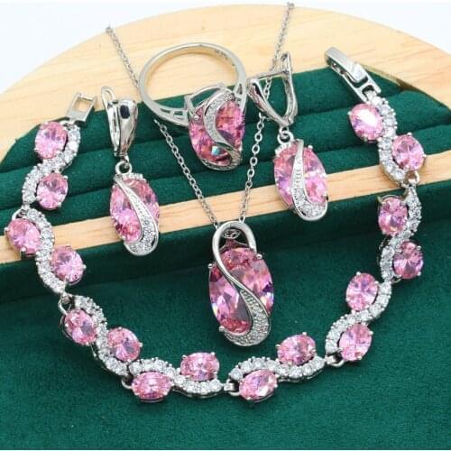 Silver Color Wedding Jewelry Set for Women Classic Pink Zircon Bracelet Earrings Necklace Pendant Ring Christmas Gift Dubai