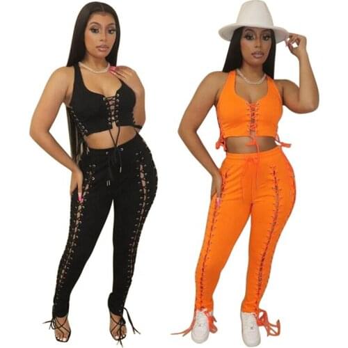 In Stock new arrivals lace up crop and pants 2 piece set women clothing