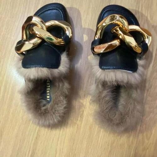 Spring Autumn Plus Velvet Rabbit Fur Ladies Slippers Metal Chain Flat Bottom Womens Mules Comfortable Warm Outdoor Slippers