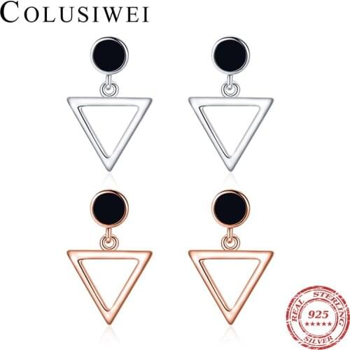 Colusiwei Genuine 925 Sterling Silver Simple Triangle Stud Earrings Black Round Enamel Ear Stud for Women Hypoallergenic Ear Pin