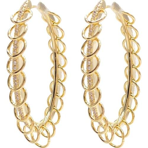 Fashion Puck Rock 925 Sterling Silver Yellow Gold Color Multi Circles Long Oval Hoop Earring Paved Zircon for Women 1pc