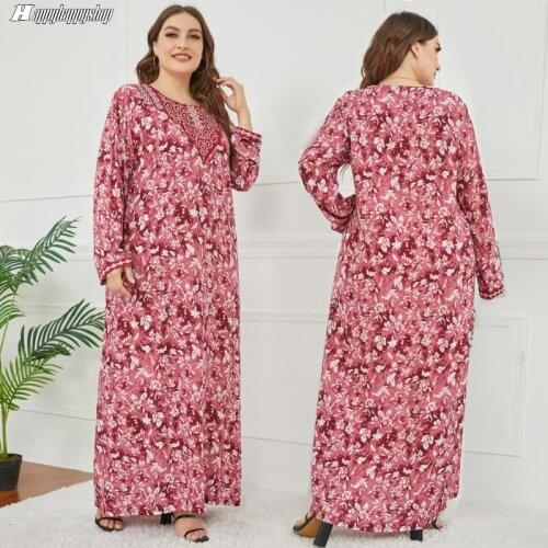 Plus Size Women Loose Long Sleeve Abaya Dress Boho Printed Floral Gown Muslim Islamic Casual Caftan Turkish Arab Robe Dress