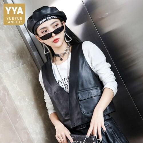 Korean Style Slim Fit Genuine Leather Shorts Vests Office Lady V-Neck Double-Breasted Sheepskin Women Solid Waistcoat Autumn