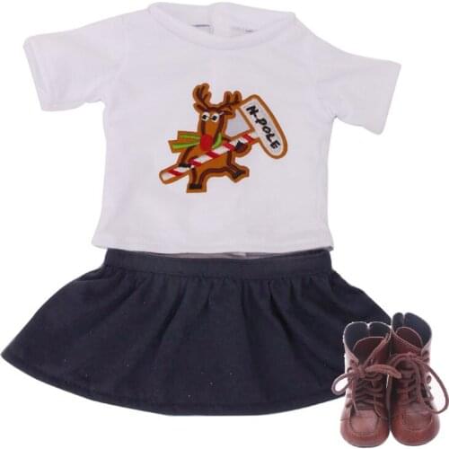 18 inch Girls doll white cartoon shirt dress Christmas suit with shoes American born clothes Baby toys fit 43 cm baby dolls c671
