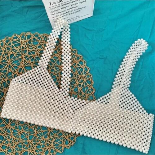 2021 Elegant Women Crochet Pearls Tanks Bralette Bra Boho Beach Tank Crop Tops Classic Sleeveless V-Neck Bustier Pearls Vest