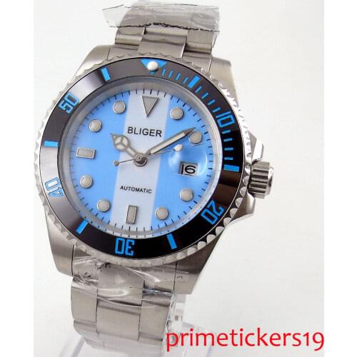 40mm Bliger blue white dial date sapphire glass automatic movement mens watch 118