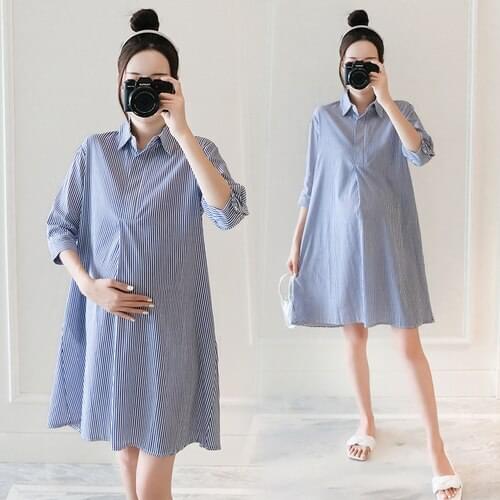 4205# Maternity Dress Summer Cotton Turn Down Collar Stripe Blouse Short Sleeves Loose Stylish Dress Pregnant Women Mom Dress