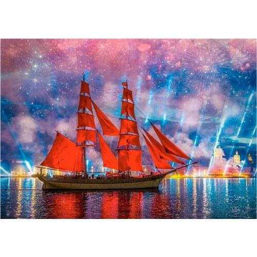 Round full diamond landscape 5D diamond painting sea red boat DIY diamond embroidery kit home decoration gift