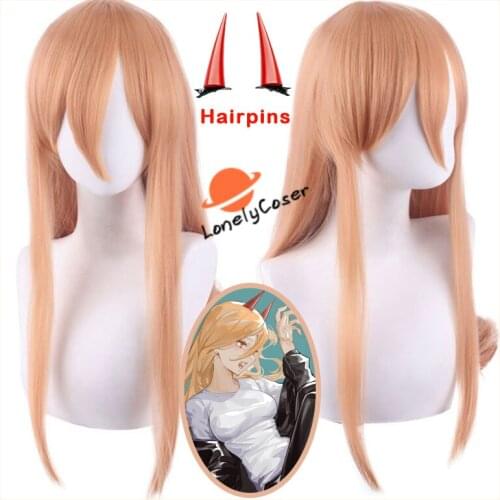 Anime Chainsaw Man Power Cosplay Long Orange Hair Hairpins Horns Props Heat-resistant Fiber Hair + Wig Cap Halloween Party