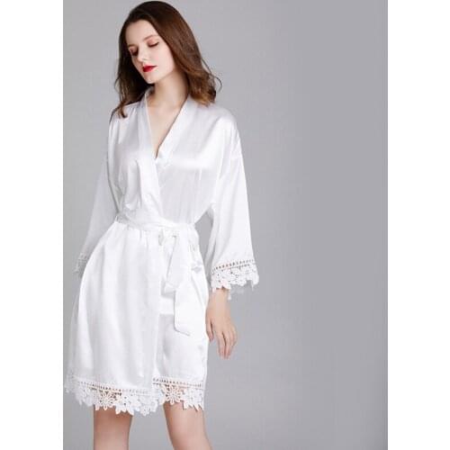 White Lace Trim Bride Wedding Kimono Bathrobe Women Sexy V-Neck Robe Gown Spring Autumn Ice Silk Sleepwear Home Dress One Size