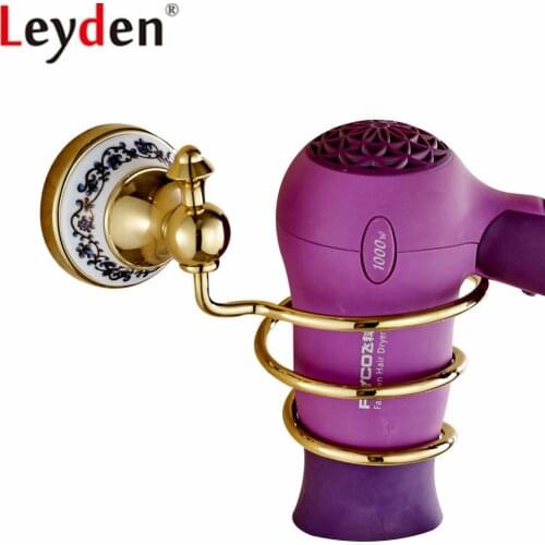 Leyden Gold Brass Bathroom Hair Dryer Holder Wall Mounted Corner Storage Organizer Hair Dryer Rack Bathroom Shelf Accessories
