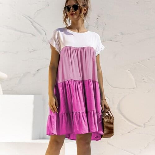 Elegant Ruffles Short Sleeve O-neck Loose Dress Female Casual Patchwork Color Mini Vestidos Clothes Summer Dress For Women 2021