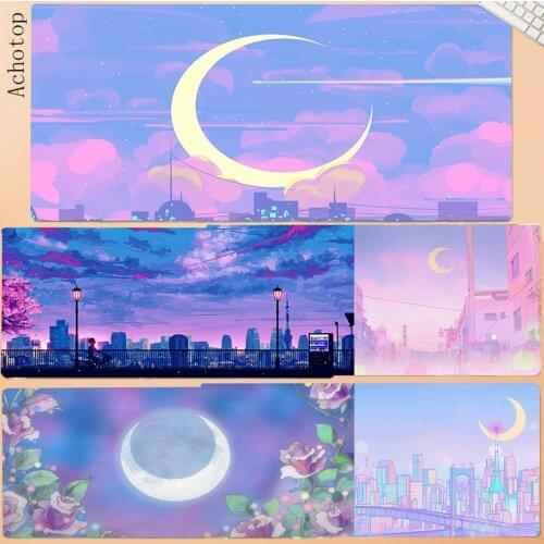 Gaming Mouse Pad PC Gamer Computer Mousepad Kawaii Moon landscape Aesthetics Art XXL Overlock Rubber Mouse Mat Pink Desk Mat Pad