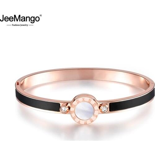 JeeMango Classic Roman Number Mosaic Rhinestone Wedding Bangles For Women Stainless Steel White Shell Lover Bracelets JB17025