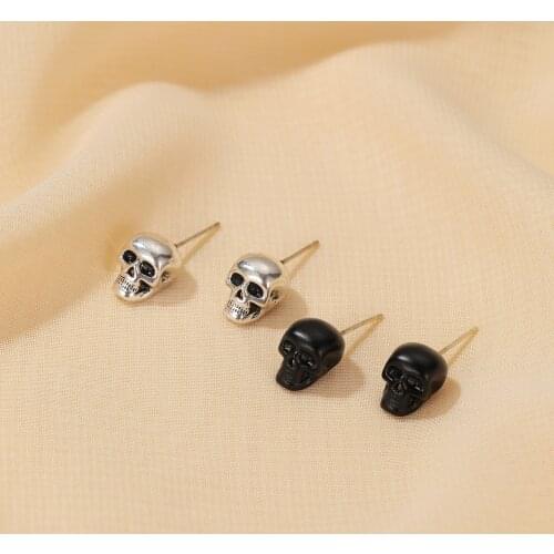 Fashion Metal Stud Earrings Skull Jewelry Punk Cool 1Pair Black Skeleton Earrings Halloween Vintage Men Women Valentines Gift