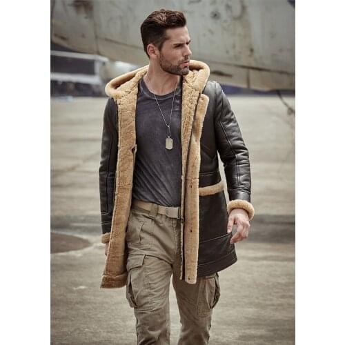 Men Shearling Sheepskin Genuine Leather Thick Wool Fleece hoody Coat Winter outdoor leather jacket Flight chaqueta cuero hombre