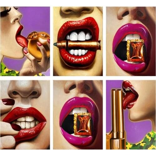 Sexy Red Lips Lick Gold Bullet Gun Gem Pop Art Oil Painting Printed Street Art Canvas Posters Prints Living Room Decoration
