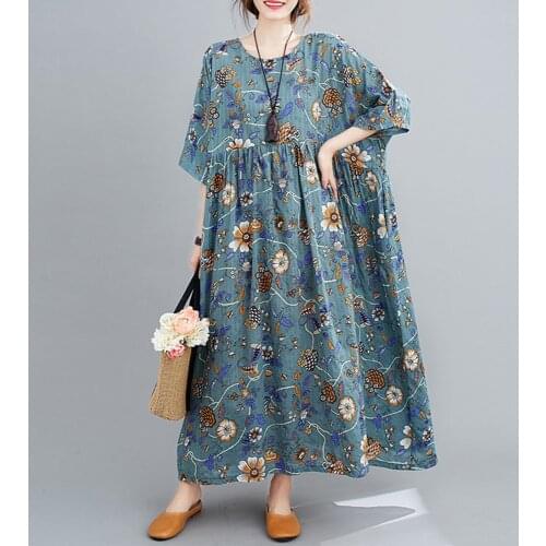 Female Cotton Linen Summer Dress Women Loose Plus size Casual Vintage Printed Beach Sundress Baggy Dresses Pleated Vestidos
