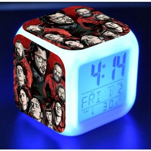 La casa de papel Figue LED Alarm Clock Colorful Flash Cartoon Led Light Reloj Square Table Table Square Digital Vintage