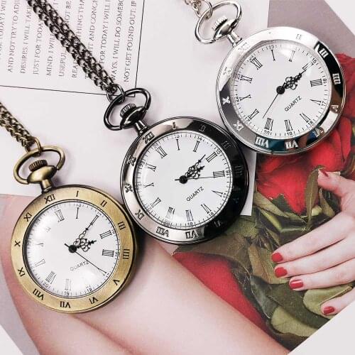 Unique Men Women Vintage Pocket Watch Roman Numerals Fob Watch Glass Dial Necklace Pendant Clock Time with Chain