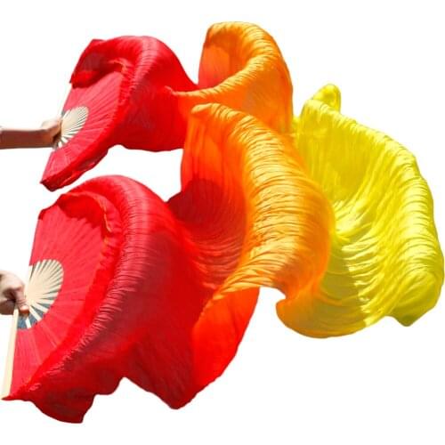 Stage Performance 100% Silk Belly Dance Fans Gradient Color Dance Accessories Belly Dancing Long Fans Red+Orange+Yellow 180x90cm