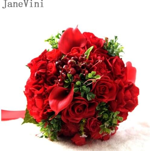 JaneVini Vintage Red Artificial Flower Wedding Bouquet Bride Rhinestone Fake Roses Pearls Purple Bridal Bouquets flor artificial