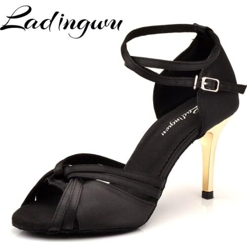 Ladingwu Dance Shoes Black Stain Classic Style Women Latin Dance Shoes Metal heel 8.5cm Ballroom Dance Shoes Paty Salsa Shoes