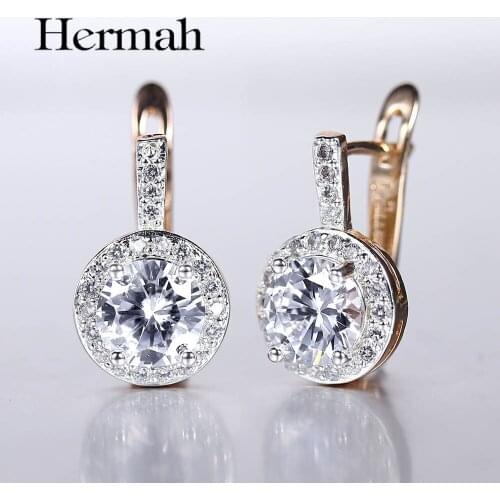 New 585 Rose Gold Stud Earrings Round Paved Clear Cubic Zircon Drop Earrings for Women Girls Wedding Party Jewelry HGE289