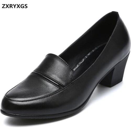 2019 autumn ladies shallow mouth womens shoes high heels round head genuine leather shoes with OL work women high heel shoes