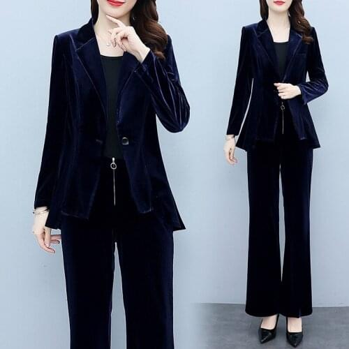 Womens Velvet Business Pleuche Suit Set Outfit Autumn Long Sleeve Top+Pants Two 2 Pieces Office Ladies Work Wear Suits Outfits