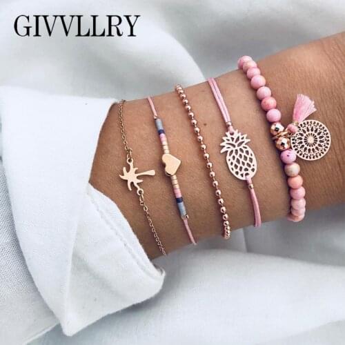 Free Shipping Coconut Tree Pineapple Bracelet Set Gift Beach Creative Elegant Geometric Heart Pink Beads Bracelets for Women