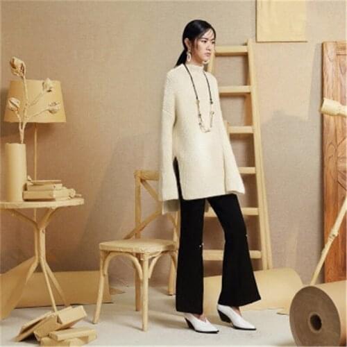 100%hand made pure wool Oneck knit women streetwear flare sleeve solid H-straight open hem long pullover sweater one&over size