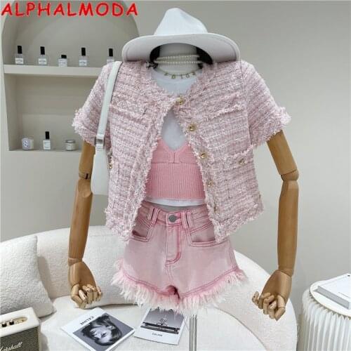 ALPHALMODA Celebrity Style Short-sleeved Tweed Jacket Women Single Breasted Elegant Summer Fashon Outfit OL Casual Outwear