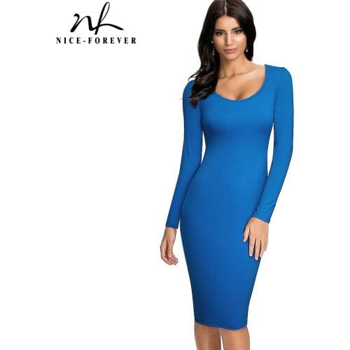 Nice-forever Spring Women Work Vintage Ladies Dresses Business Office Elegant Sheath Fitted Slim Dress UB19