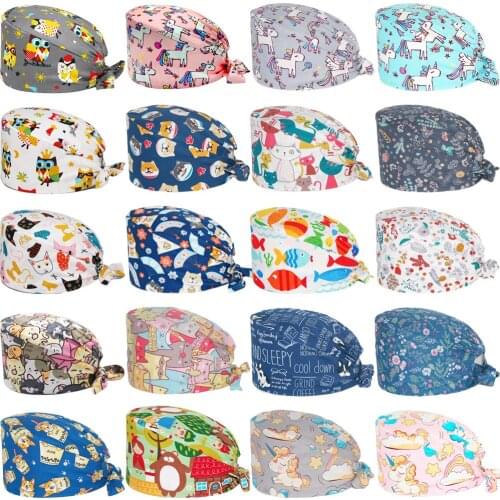 100% Cotton Workers Scrubs Hats Anime Printing Adjustable Nursing Caps Lab Beauty Salon Pet Shop Working Accessories Scrub Hat