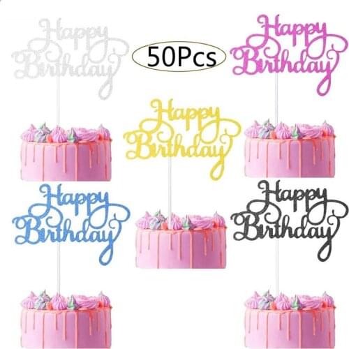 50 Pcs Glitter Cardstock Happy Birthday Cake Topper Baby Shower Kids Birthday Party Favors Decorations Cake Decoration Supplies