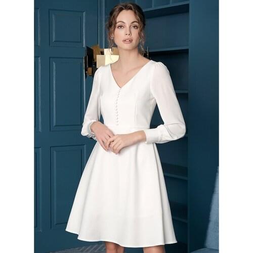 White Bodycon Dress v-neck long-sleeved waist A-Line Skirt 2021 Office Lady Spring elegant temperament umbrella Clothing