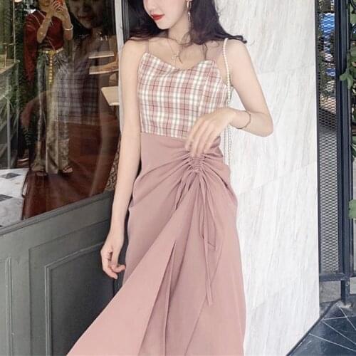 Elegant Vintage Green Strap Dress Women Designer Sexy Plaid Ribbon Midi Korean Clothing Fashion Sweet Holiday Wear Summer 2021
