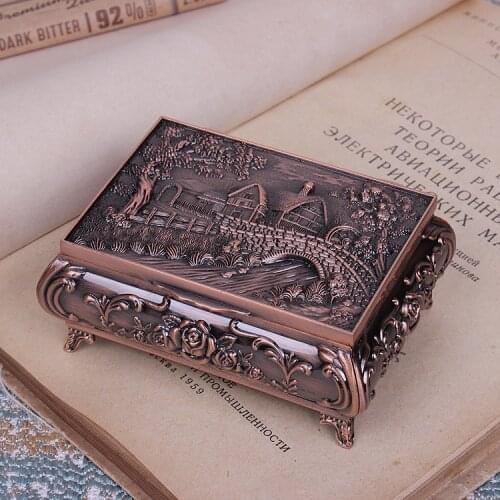 European Retro Copper Color Metal Jewelry Box Ring Storage Boxes Desktop Organizer for Girls Gifts Z062