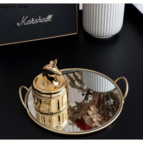 Round Glass Mirror Tray Brass Handle Storage Tray Living Room Dining Table Display Tray Modern Home Decoration Shooting Props