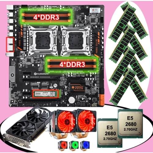 HUANANZHI X79-8D motherboard with M.2 128G SSD video card GTX1050TI 4G dual Xeon CPU E5 2680 with coolers RAM 64G(8*8G) RECC