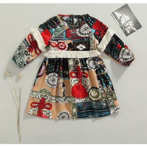 FOCUSNORM 2-7Y Lovely Kids Girls Autumn Dress Tassel Long Sleeve Ethnic Style Printing Ruffles A-Line Dress